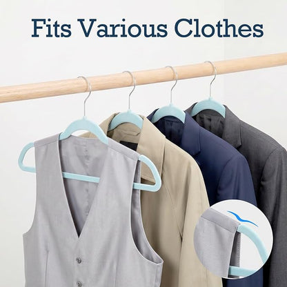 HOUSE DAY Sky Blue Velvet Hangers 60 Pack, Non Slip Clothes Felt Hanger Heavy Duty for Coat, Premium Slim Space Saving Suit Hangers for Closet Organizer, 360° Rotating Silver Hook