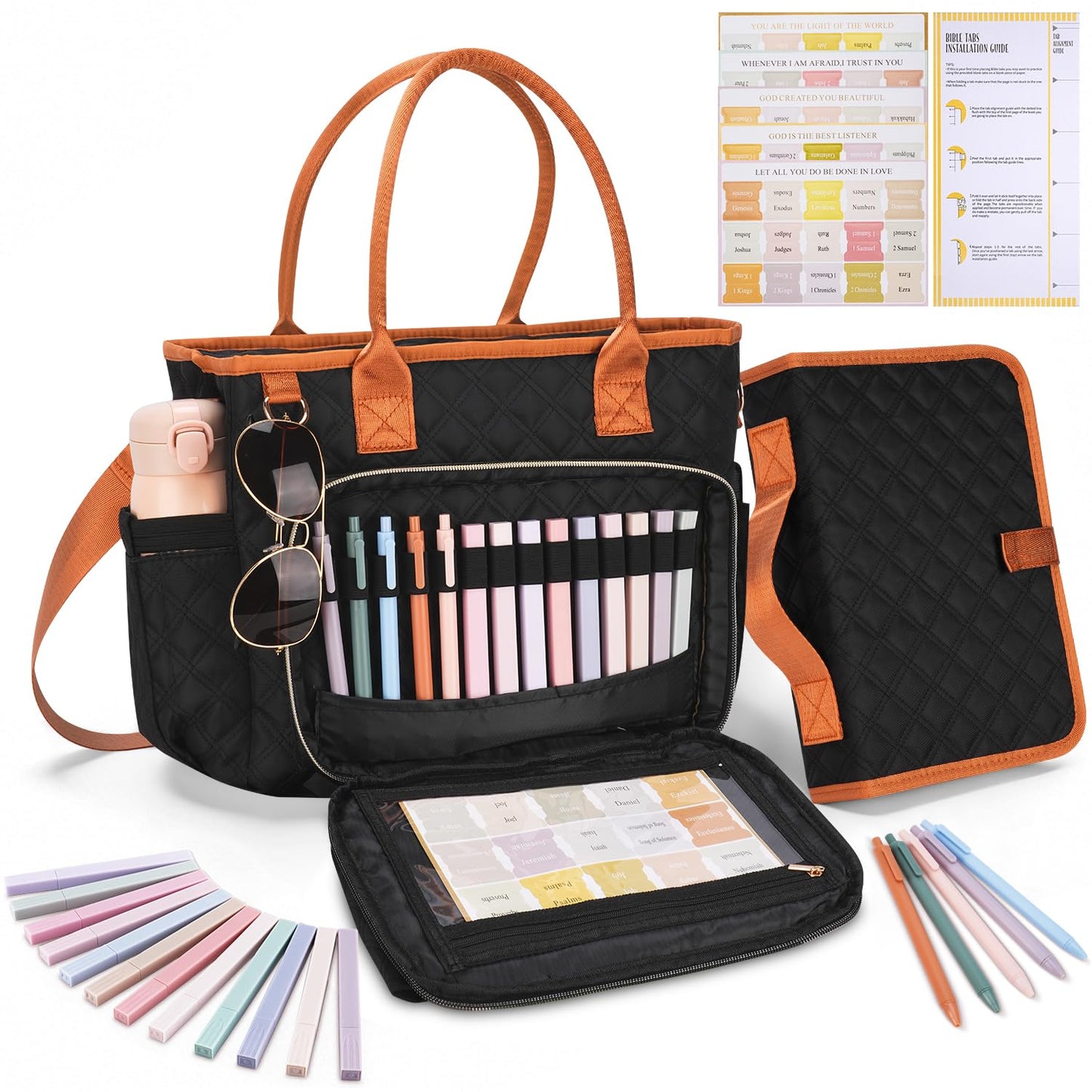 KOPKOFT Large Bible Cover Case for Women, Quilted Church Tote Bag with Shoulder Strap, Bible Study Supplies Journaling Kit Bible Accessories, Christmas Christian Gift for Women (Black)