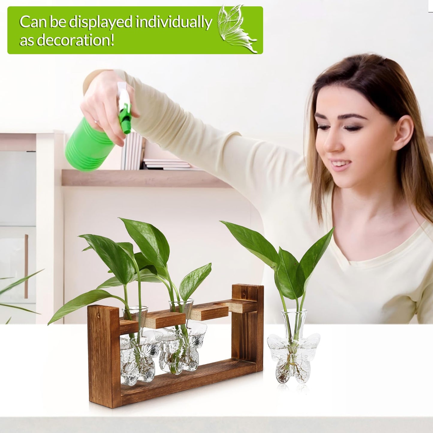 Glass Plant Propagation Station Butterfly Planter Vase with Wooden Stand Birthday Gifts for Women Mom Plant Lovers Office Home Decoration