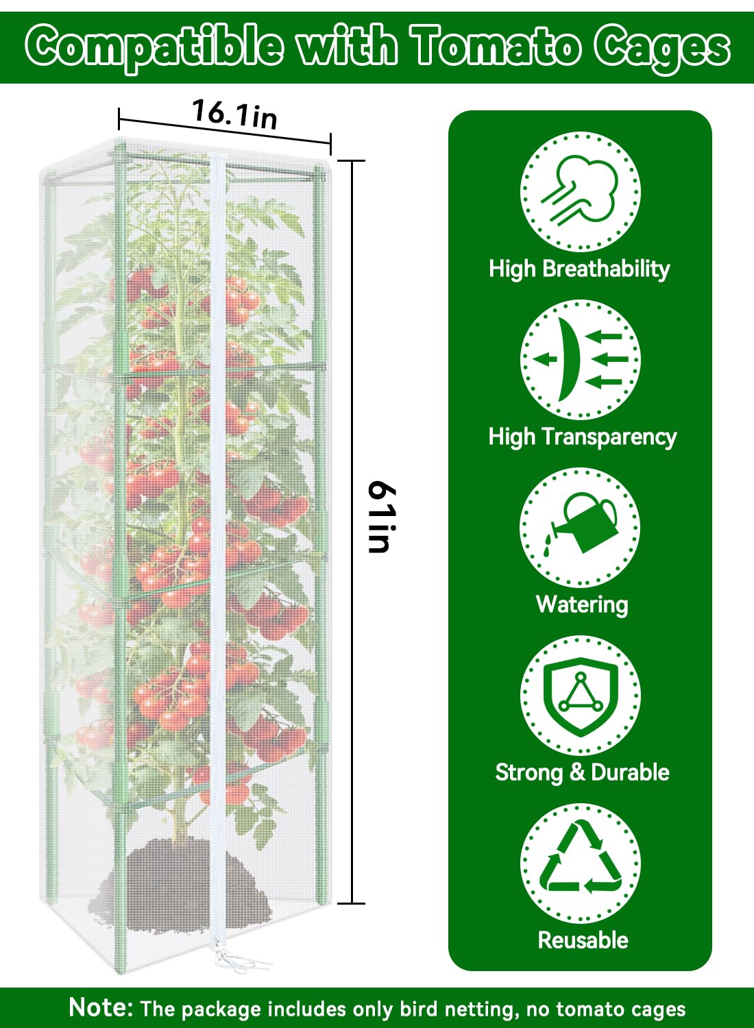 ZeeDix Tomato Cages with Bird Netting Set - 4 Pack 57 Inches Heavy Duty Tomato Cages + 4 Pack 61 Inches Garden Mesh Barrier for Tomatoes Climbing Vegetables Flowers
