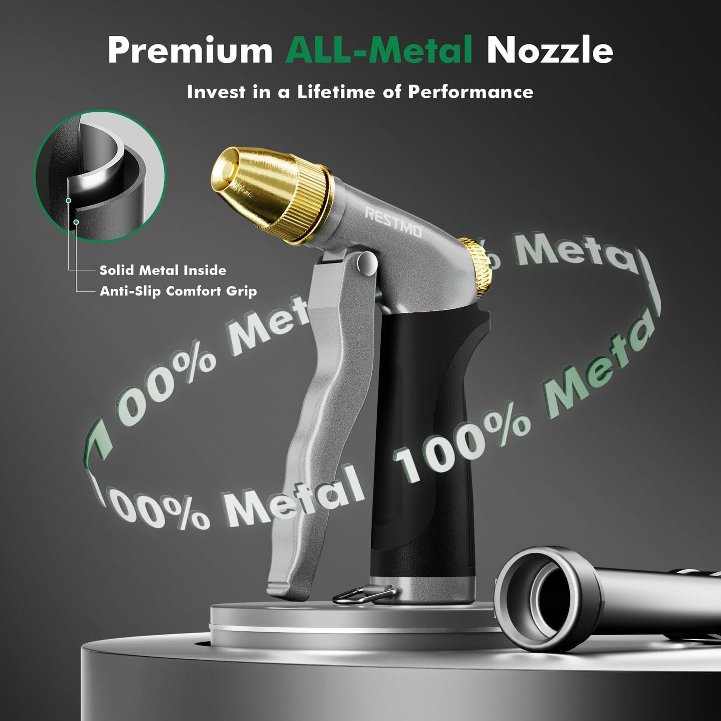 RESTMO Heavy Duty Metal Water Hose Nozzle, High Pressure Garden Hose Nozzle, Hose Sprayer Nozzle with Adjustable Spray Patterns for Garden Watering, Car Washing, Patio and Pet, Black