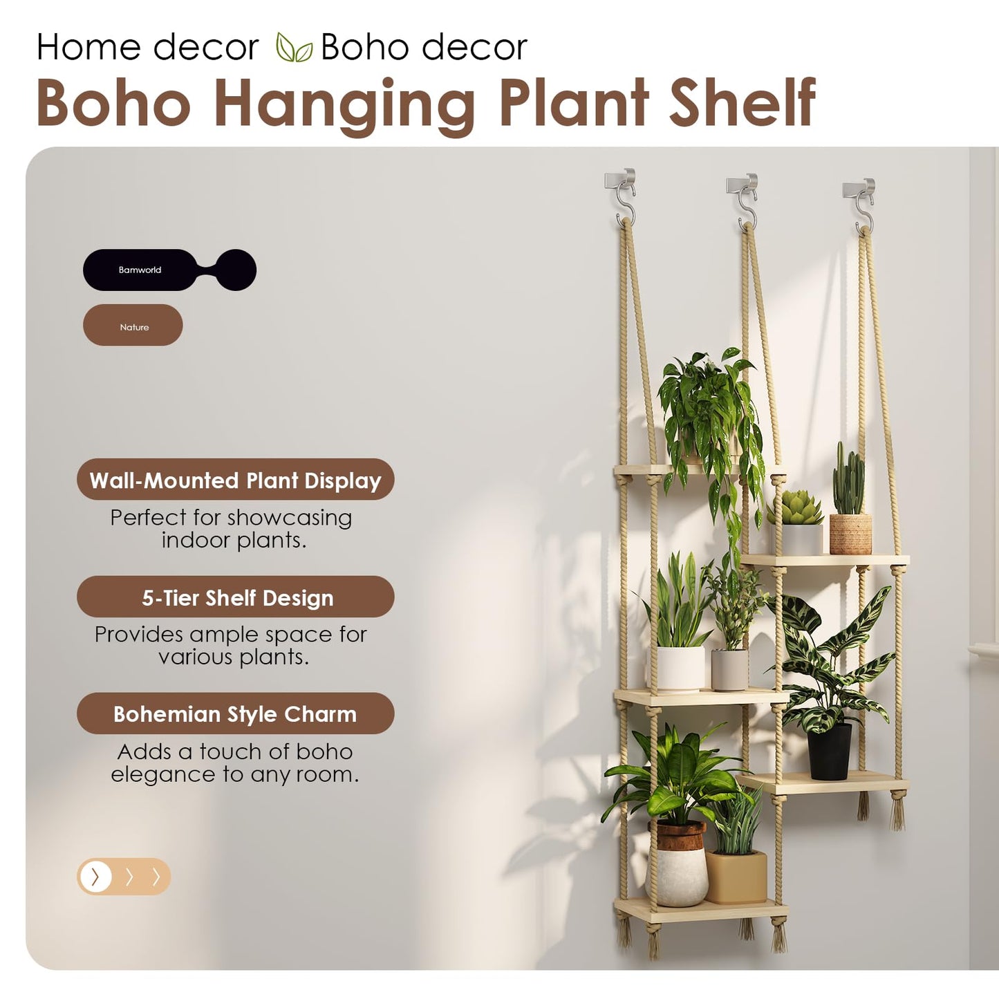 Bamworld Hanging Shelves Plant Hanger Indoor Window Plant Shelves Wood Plant Wall Shelf Window Sill Plant Shelf Indoor Hanging Plant Stand Living Room Decor Garden Boho Decor