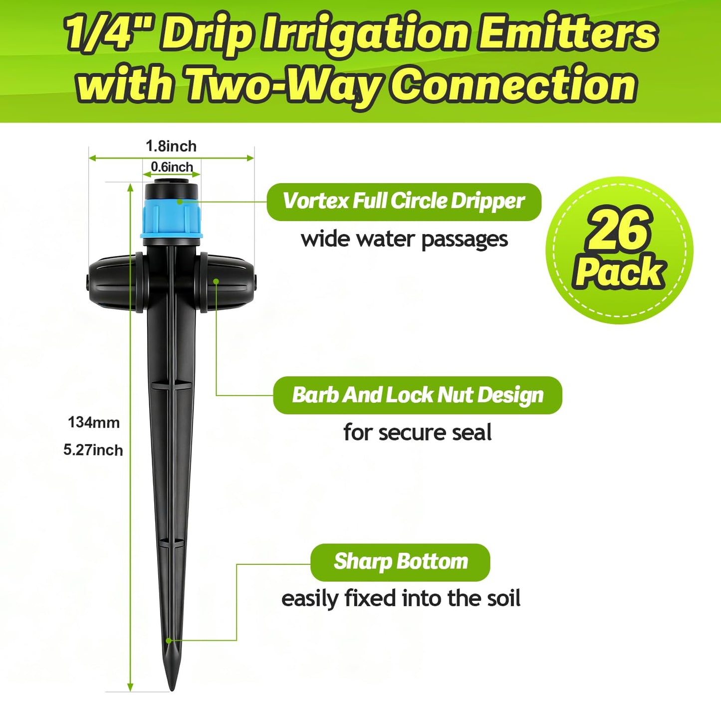 Copadri 26pcs Two-Way Drip Emitters Fan Shape with Stake for 1/4" Irrigation Tubing, Adjustable 360 Degree Water Flow Irrigation Vortex Sprayer Garden Irrigation Dripper for Watering System
