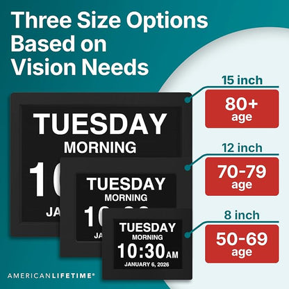 American Lifetime New 2026 Dementia Clock Large Digital Clock for Seniors, Alzeimer Clock Large Display with Custom Alarms, Clock with Day & Date for Elderly, Digital Calendar Premium Light Wood