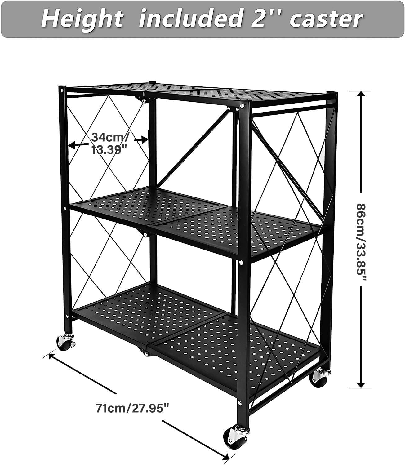 Kitchen Garage Metal Shelves, Storage Shelves Organizer, Foldable Metal Shelving, Closet Shelving Unit, 28" W x 14" D x 34" H Bakers Rack Microwave Stand, Plant Stand with Wheels (3-Tier Shelf)