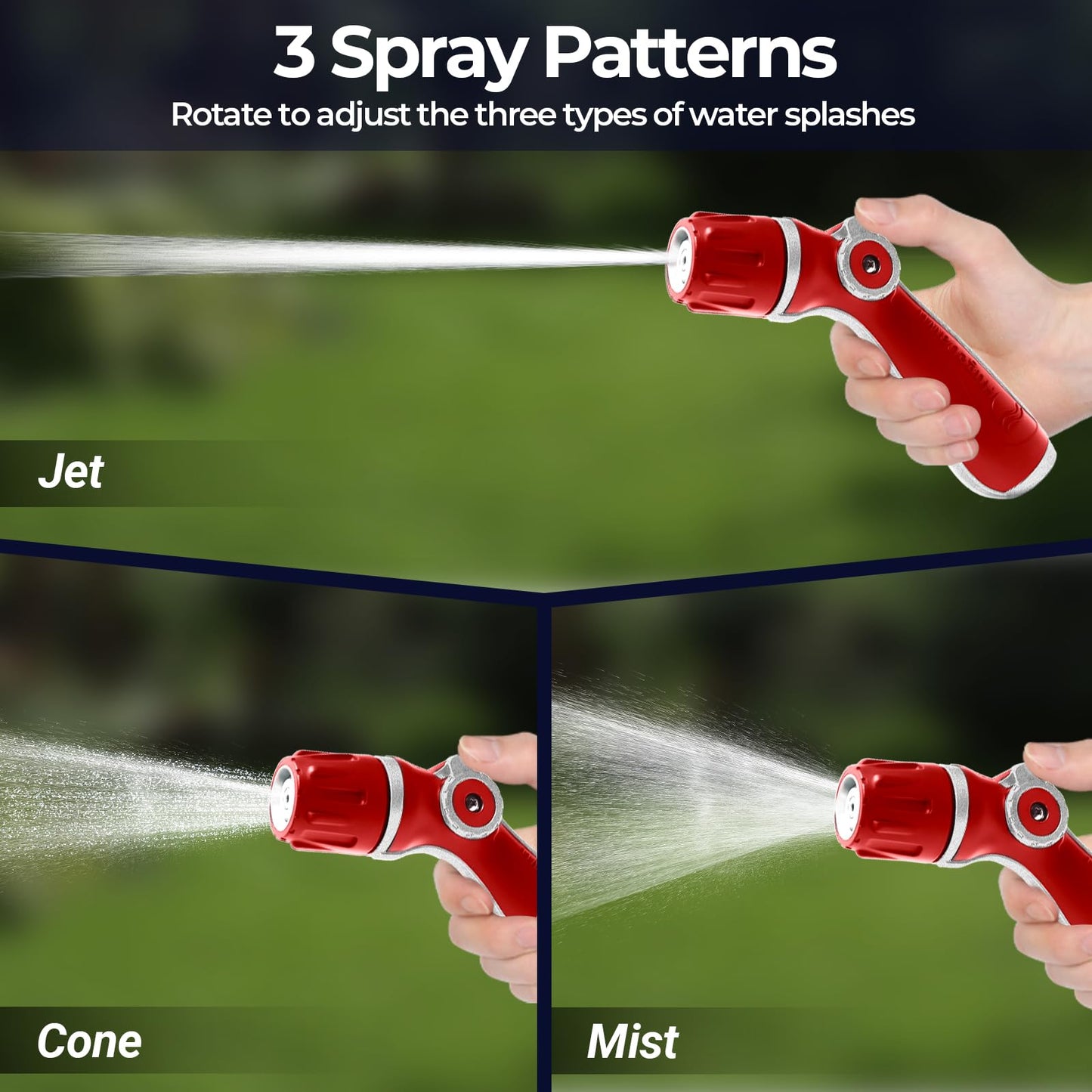 HugeDawn Garden Hose Nozzle, Heavy Duty High Pressure Metal Hose Spray Nozzle with 30% Greater Water High Flow, 3 Spray Patterns, Non-Slip Thumb Control for Quick Watering & Cleaning (Red)