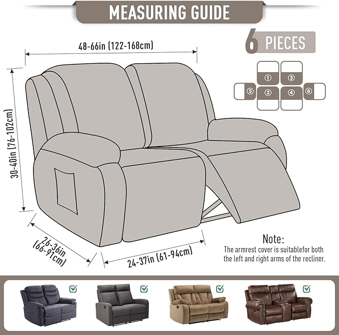 TAOCOCO Recliner Loveseat Slipcover, 6 Pieces Dual Recliner Sofa Covers