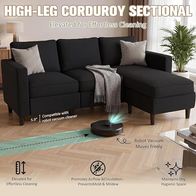 JAMFLY Sectional Sofa for Living Room, 3-Seat Reversible Couch