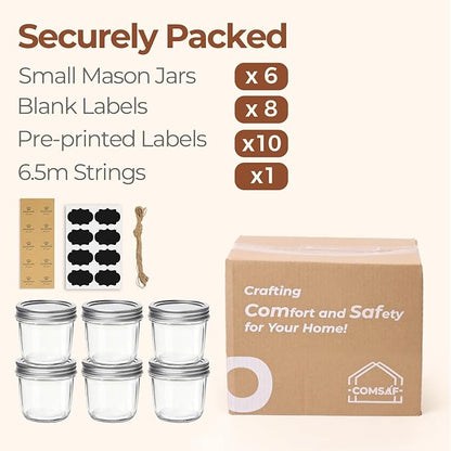 ComSaf Wide Mouth Mason Jars with Lids 8 oz 6Pcs, Half Pint Small Mason Containers, Canning Jars for Jam, Jelly, Meal Prep, Overnight Oats, Yogurt Parfait, Shower Wedding Favors, DIY Candles Decor