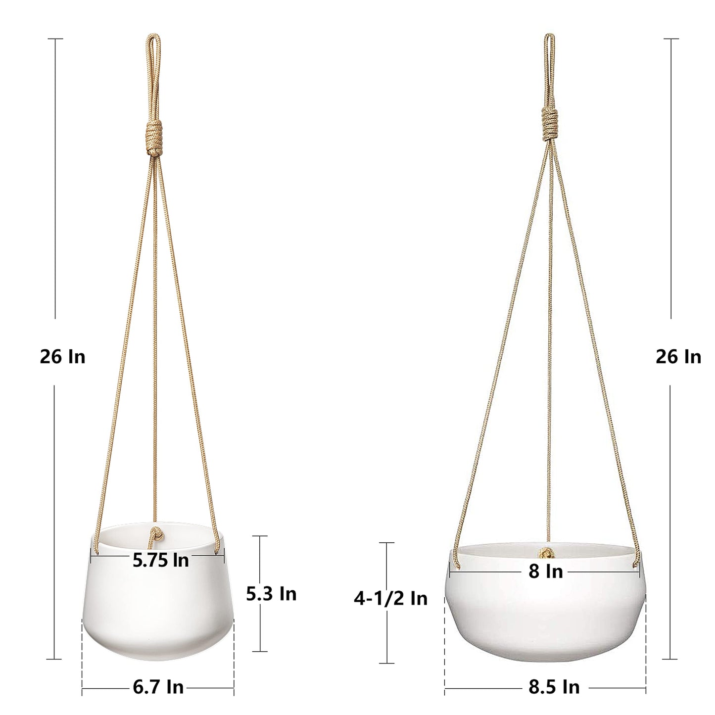 Mkono Ceramic Hanging Planter and Ceiling Hooks, Shallow 8 Inch and Deep 6 Inch for Indoor Outdoor Plants, Set of 2 Modern Plant Pot Geometric Porcelain Hanging Basket with Polyester Rope Hanger