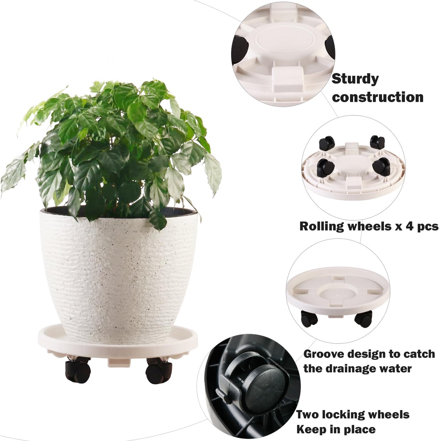 5 Pakcs Large Plant Caddy with Wheels 15.8" Rolling Plant Stands Heavy-duty Plastic Plant Roller Base Pot Movers Plant Saucer on Wheels Indoor Outdoor Plant Dolly with Caster Tray Coaster White