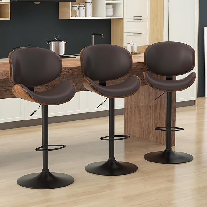 KCC Bar Stools Set of 3, Swivel Adjustable Height Barstools, PU Leather