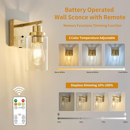 Battery Operated Wall Sconce Set of 2 with Remote 3-Color Rechargeable Wall Lights with 10000mA, Dimmable Wall Sconces Set of Two Battery Operated for Bedroom Living Room Hallway Decor (Gold)