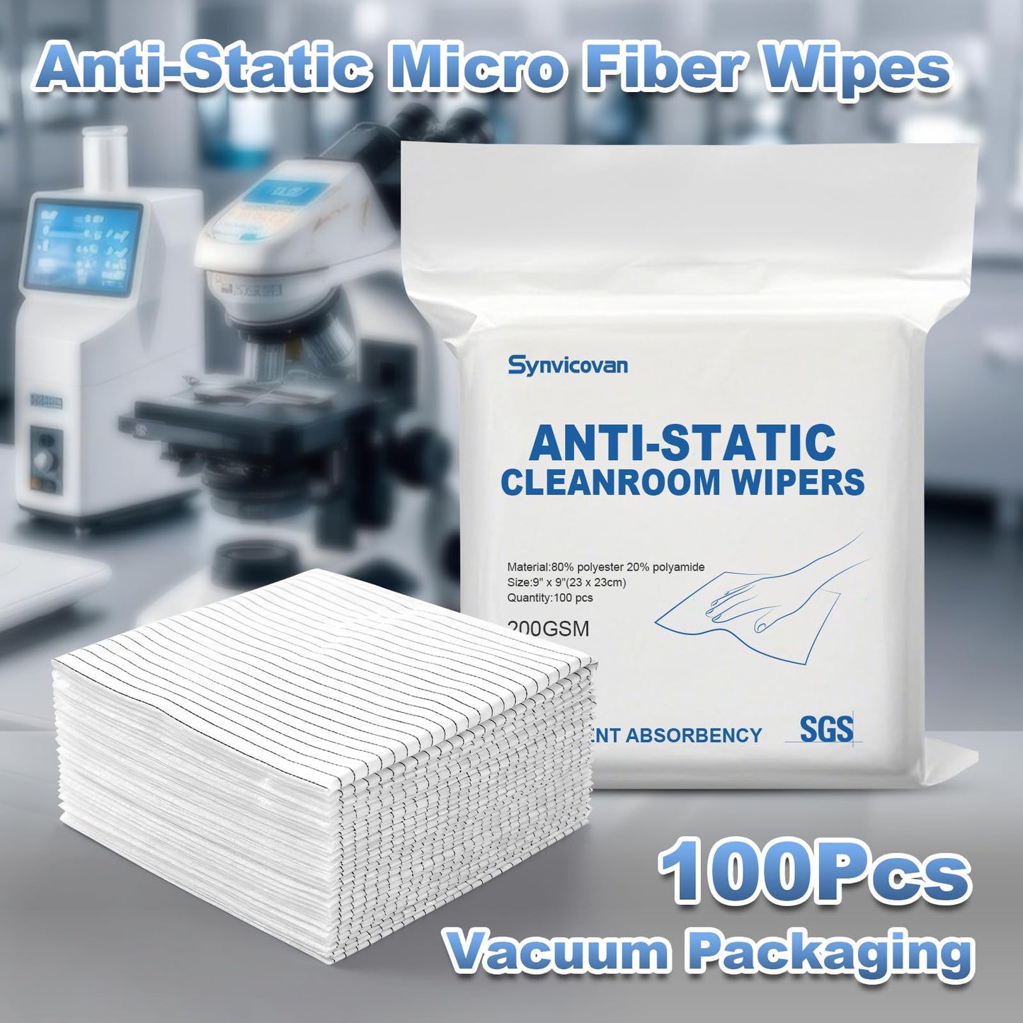 Synvicovan Anti-Static Microfiber Wipes 9"x9"(100 Pcs,Class 100, 200GSM) Lint Free Cloths Reusable Special ESD protection design is suitable for protecting sensitive electronic components and tools