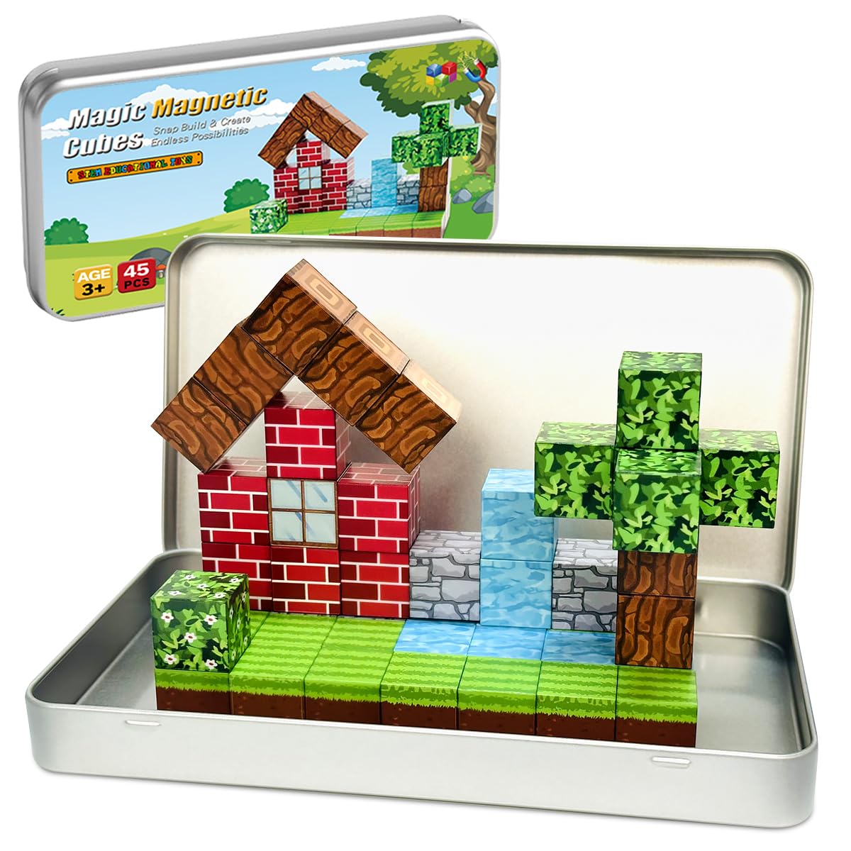 uMadeUs Magnetic Blocks Building Set - Puzzle Cubes as STEM Toys for Kids - Toddlers Sensory Construction Tiles - Ages 3+ Creative Educational Games for Boys and Girls - Adventure Forest 100pc Block