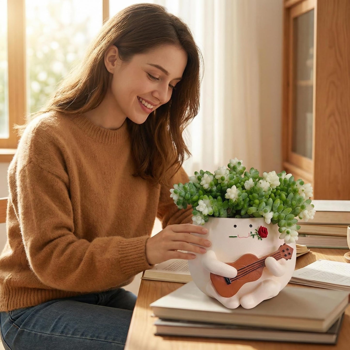 TEARS OF GAIA Lovely Face Planter Pot, Cute Resin Flower Head Planters with Drainage, for Mom, Funny Succulent Plant Lover Gift, Unique Gift Ideal for Plant Lovers (Guitar Baby)