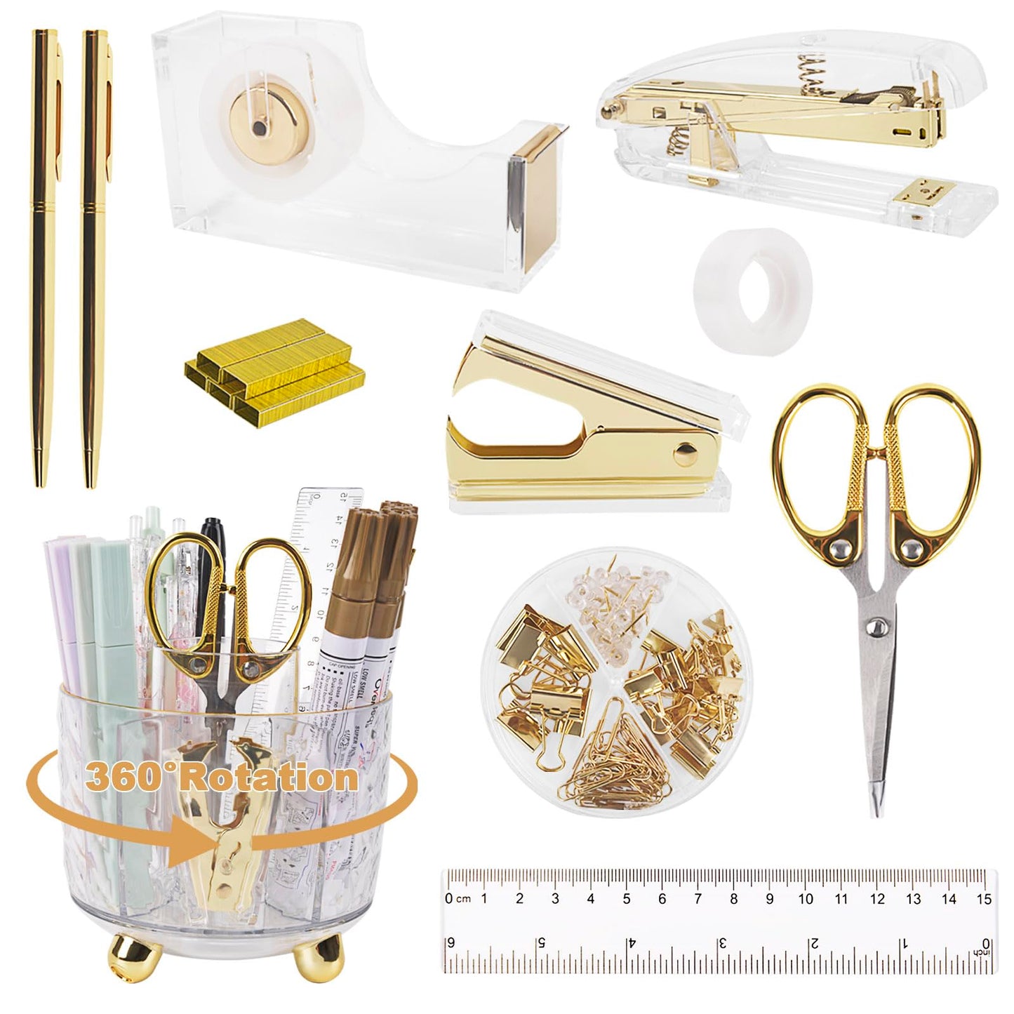 Office Desk Accessories Supplies - 11 Pcs Gold Desk Decor Set with 360-Degree Rotating Pen Holder, Women Cute Aesthetic Office Essentials Kit, Stapler Tape Dispenser, Acrylic Gift for School Home Work