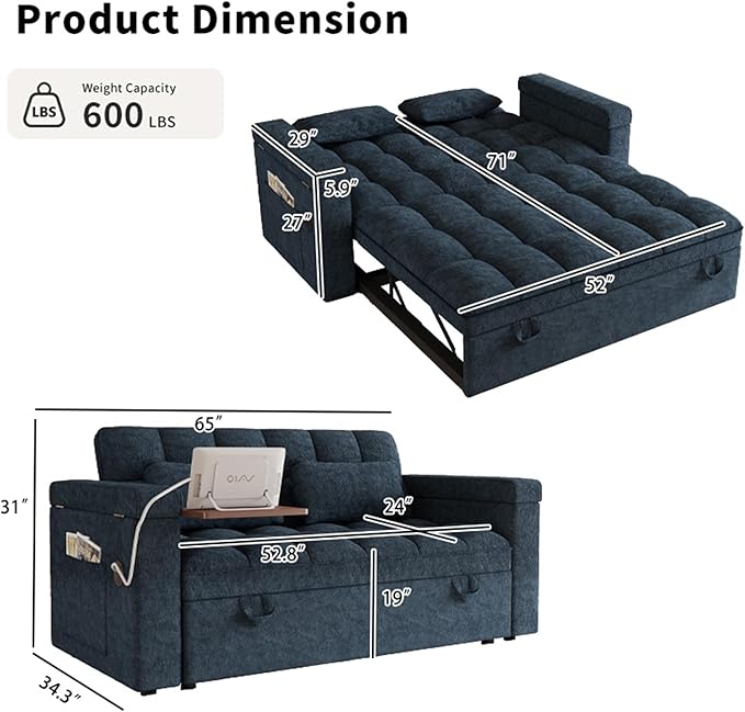 3 in 1 Convertible Sleeper Sofa, 65in Sleeper Couch