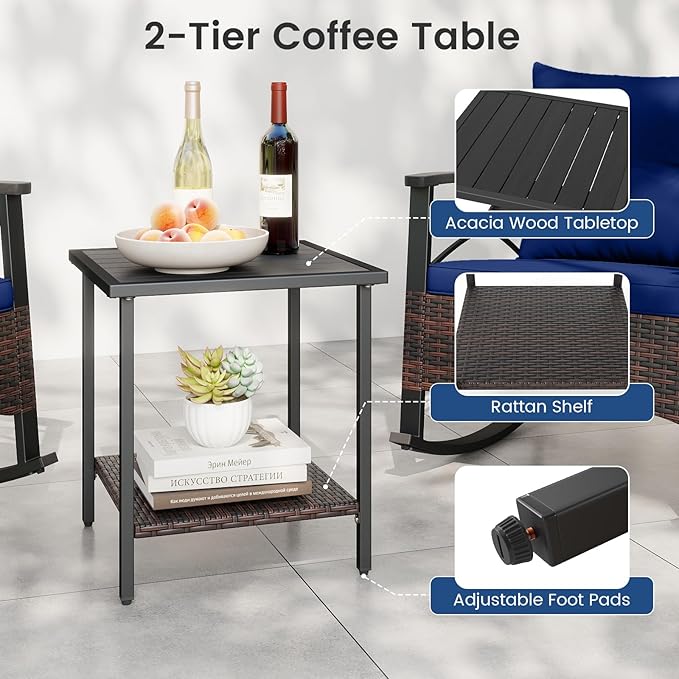 Tangkula 3 Piece Rattan Rocking Chair Set, Patio Rocker Bistro Set w/Acacia