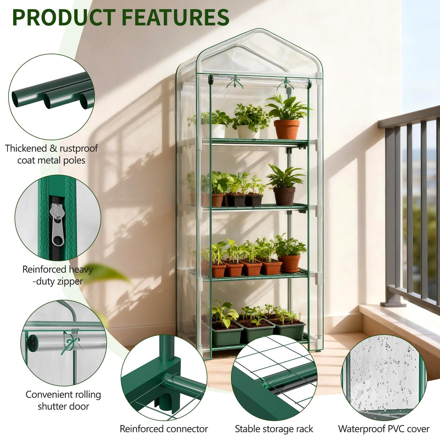 SUNYRISY Indoor Greenhouse with Grow Lights, 4 Tier Mini Small Greenhouse Kit with Zippered PVC Tent Cover for Indoor Garden Seed Starting Tray, 36W Full Spectrum with Timer