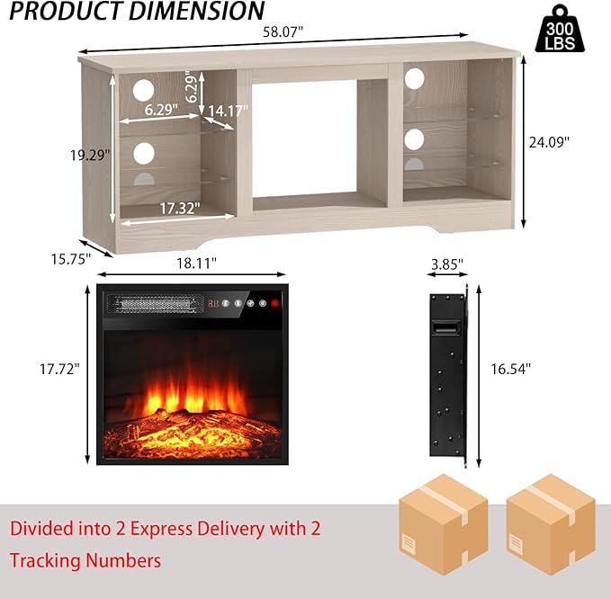 PRETZI Fireplace TV Stand with 18" Fireplace Up to 65" TVs, TV Media Console