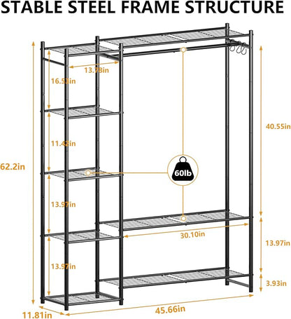 Wardrobe Closet,Portable Clothes Rack with 4 Tiers Shelves,Freestanding Closet Organizers and Storage System with Hanging Rods,Steel Clothing Rack Suitable for Cloakrooms,Bedrooms,Entrances,etc.Black