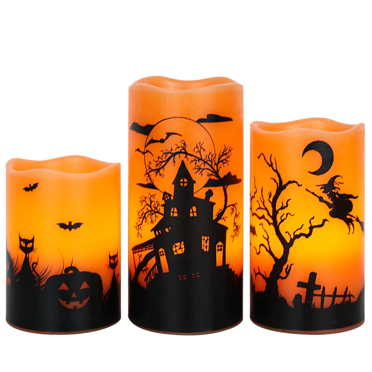 Wondise Halloween Flickering Flameless Candles with 6 Hour Timer, Battery Operated LED Real Wax Candles Set of 3 Halloween Home Decoration Gifts(3 x 4 5 6 Inch)