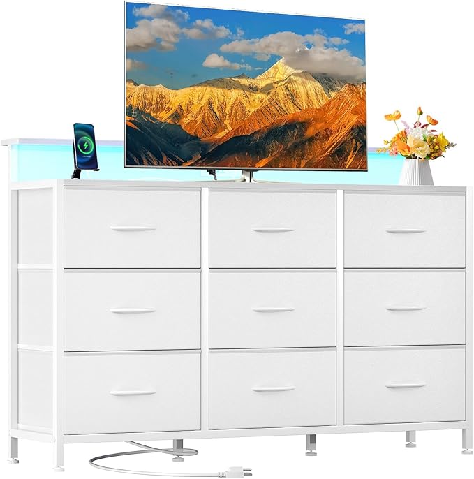 DUMOS TV Stand Dresser with 9 Fabric Drawers and Open Shelves, Entertainment