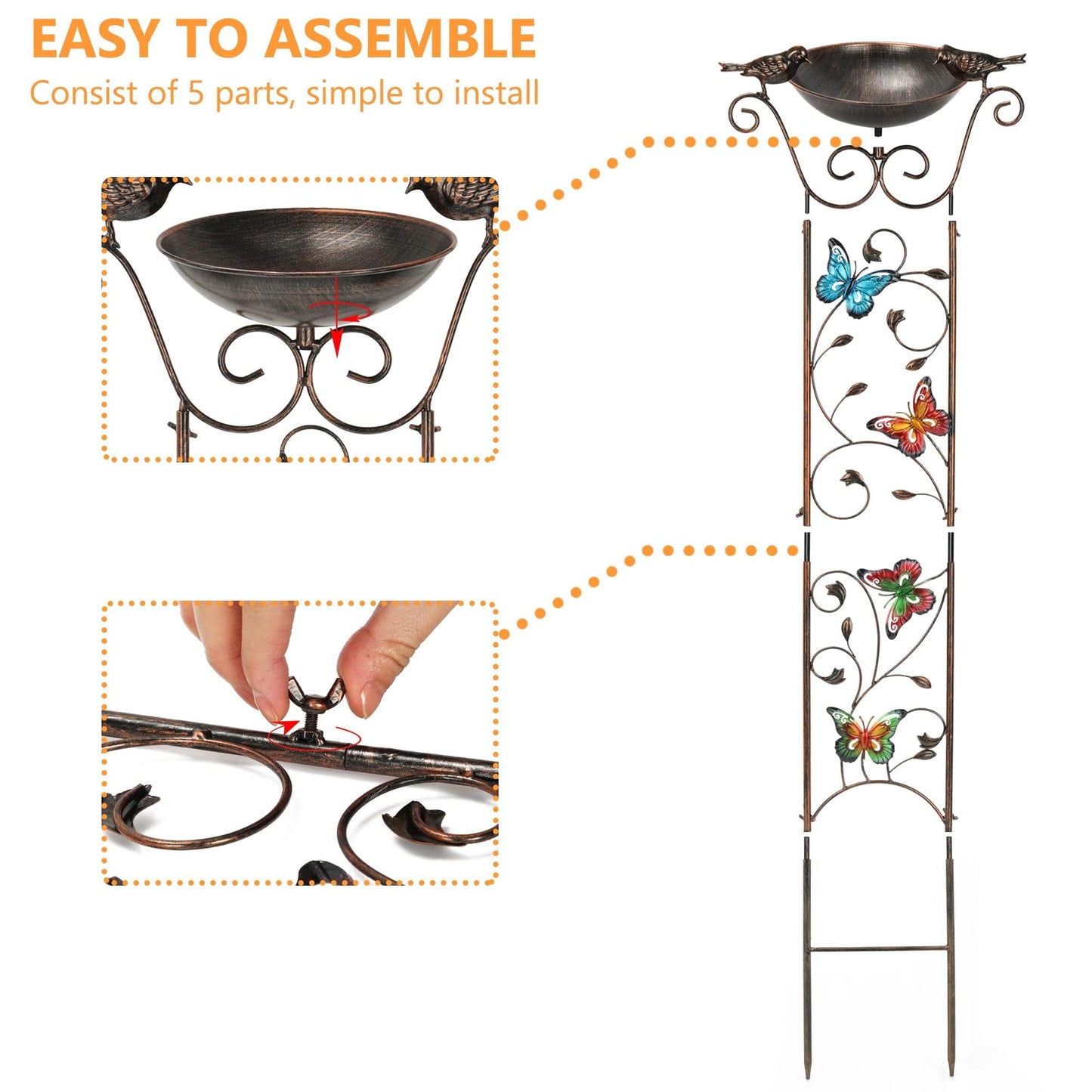 Garden Trellis Bird Bath Outdoor, 43.5 Inch Antique Iron Garden Plant Trellis Decorative with Butterflies and Detachable Drinking Basin Bowl, Free Standing BirdBath Birdfeeder Station