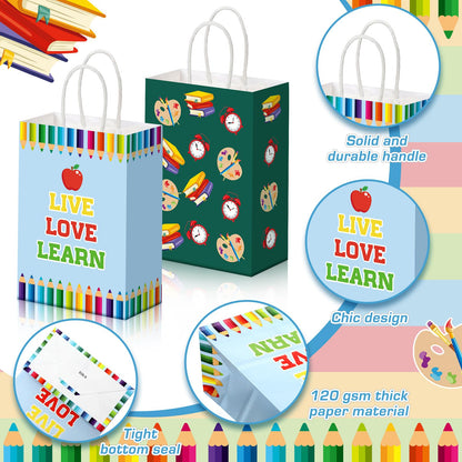 Kolldenn 24 Pcs Welcome Back to School Gift Goodie Bags with Handles First Day of School Party Favors Bags Paper Book Pencil Bus Gnome Candy Treat Pouch for Classroom Party Decorations Supplies