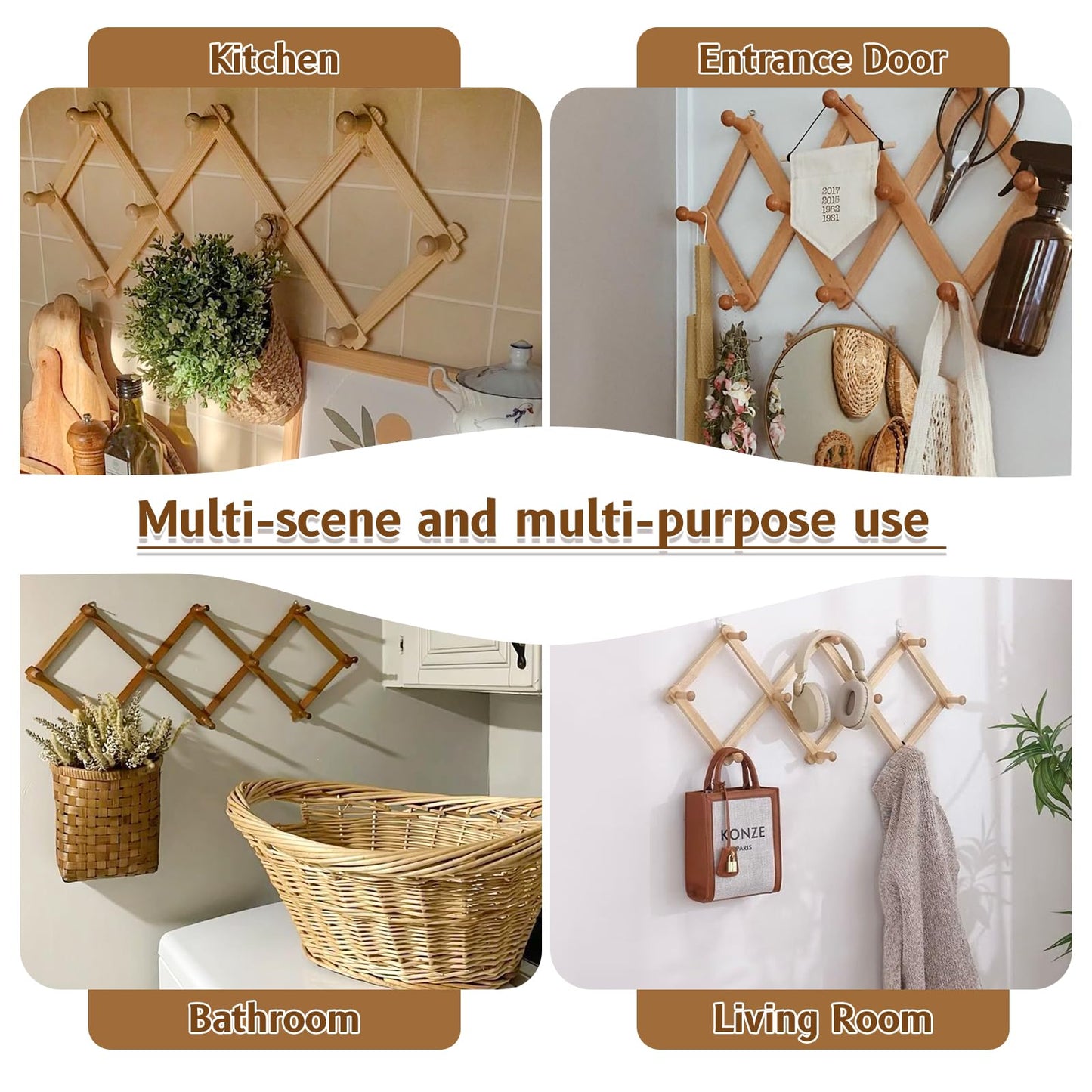 Tnstbiee Rustic Adjustable Hanging Herb Drying Rack-Holds 10 Bouquets, Space-Saving Herb Flower Dryer with Adhesive Wall Hooks for Herb Display Rack,Kitchen Wall Décor-Unusual Gifts for Gardener Woman