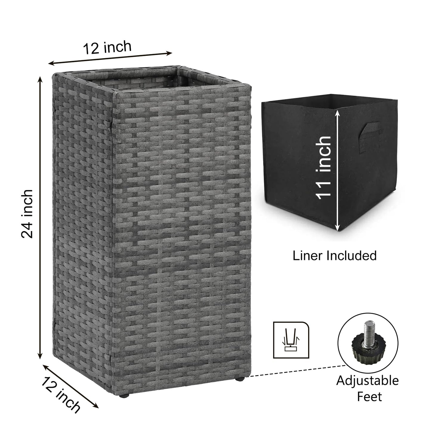 SUNNYPARK 2 Pack Tall Planters for Outdoor Plants Rattan Modern Tall Square Planter Box with Removable Liners Indoor Outdoor Porch Patio Flower Pot (12’’ x 12’’ x 24’’)