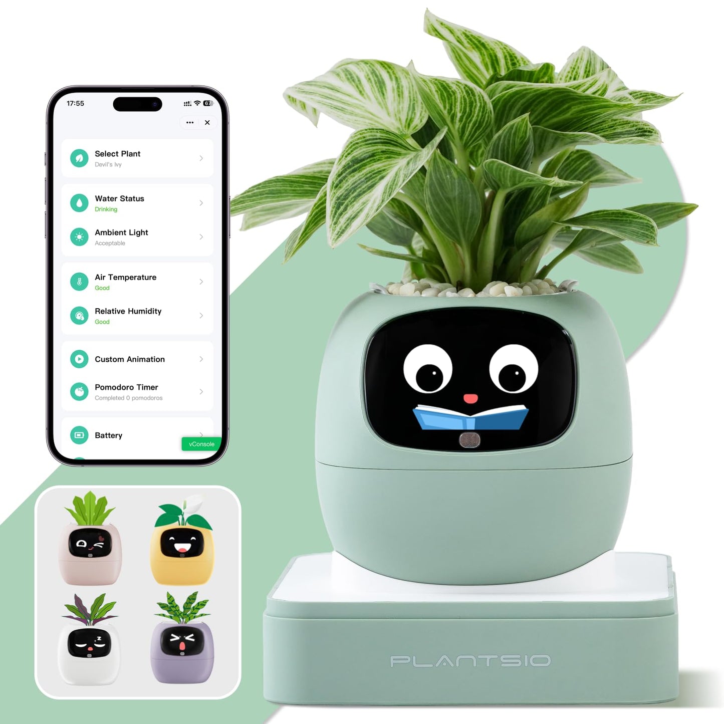 Smart Plant Pot with Visual Display – Soil Moisture, Water Level, Light & Battery Monitor, 80ml Self-Watering Reservoir, Supports 100+ Plants, Pomodoro Timer, Clock & Calendar-Green