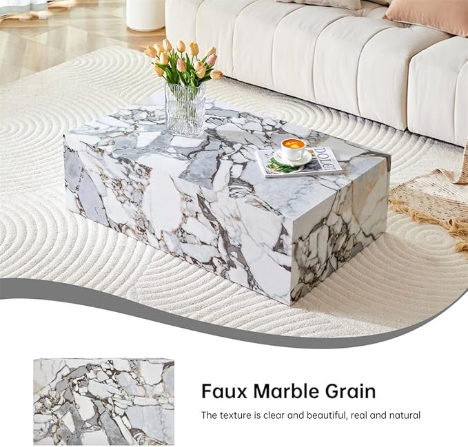 Faux Marble White Coffee Table, Rectangle MDF Living Room Table, Center Table