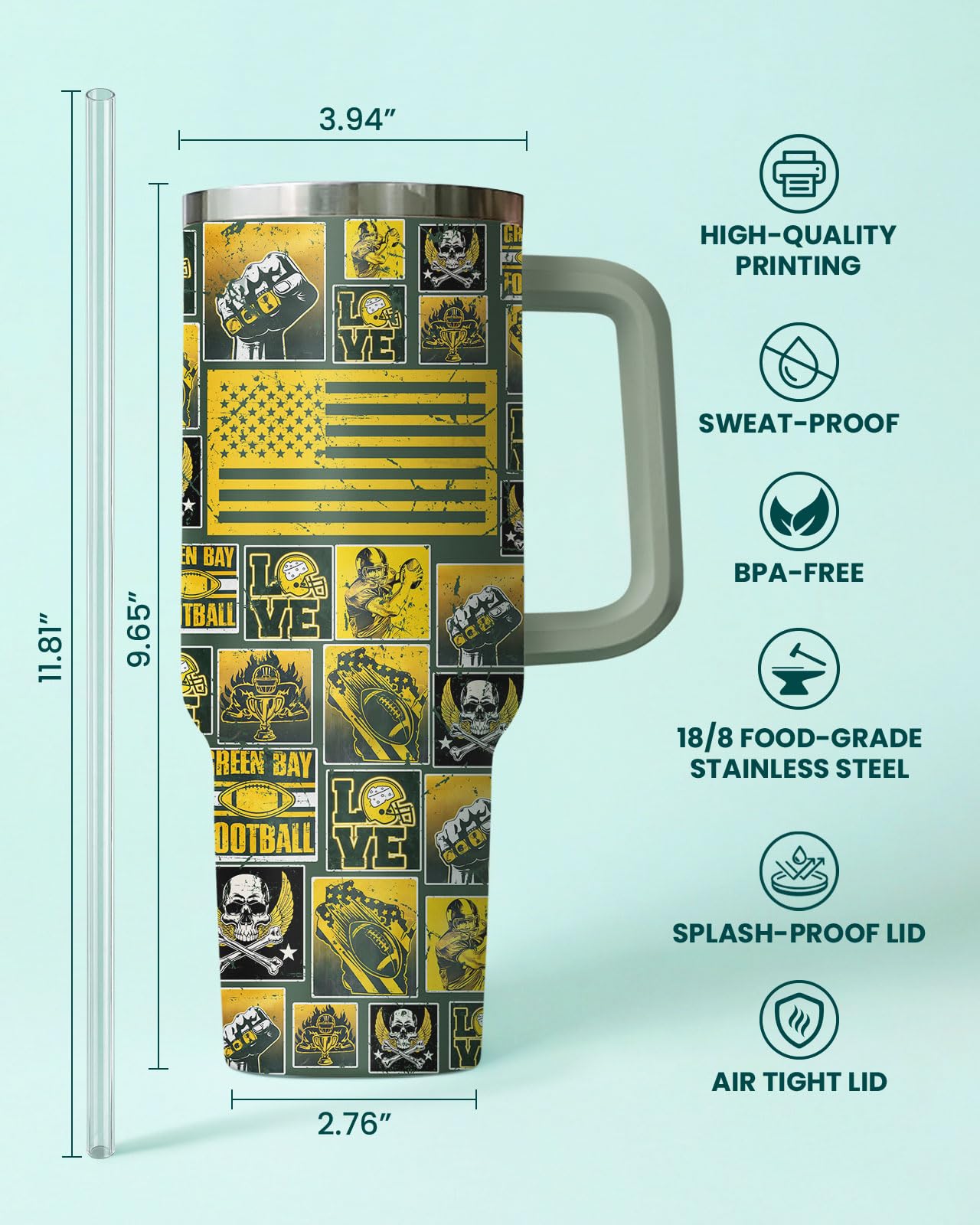 fat mummy Football Fan 40oz Insulated Tumbler With Handle And Straw, Stainless Steel Travel Cup, Double Wall Vacuum Water Bottle For Hot And Cold Drinks, Birthday Gift Fathers Day