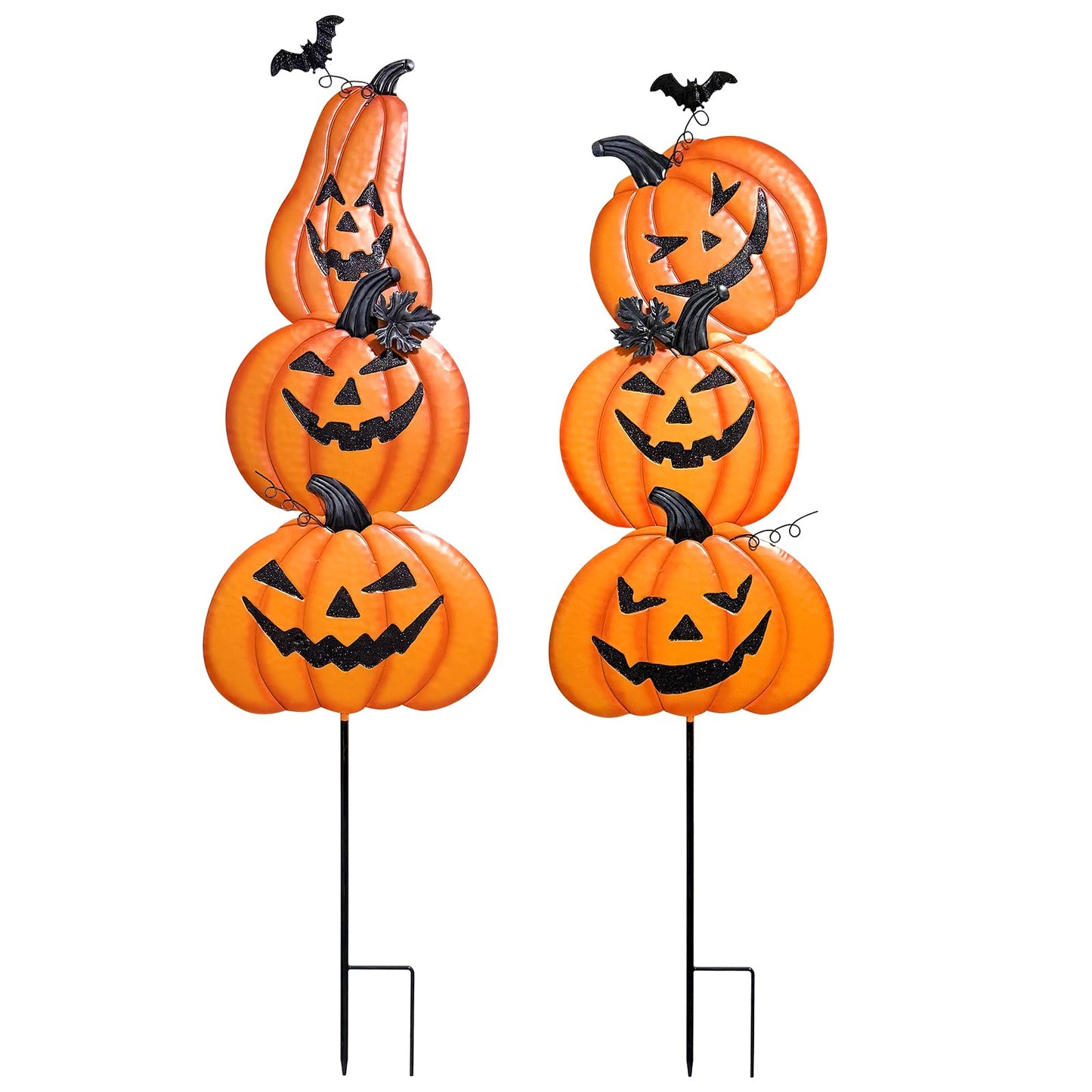 2 Pack Halloween/Thanksgiving Garden Stakes, Outdoor Party Décor Stacked Metal Pumpkins Jack-o-Lantern Lawn Decor, Yard Signs Stake Outdoor Decorative Pumpkin Home Lawn Pathway Driveway Decorations