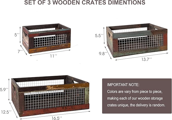 TIMRIS Set of 3 Rustic Wood Nesting Crates, Farmhouse Distressed Wooden Storage