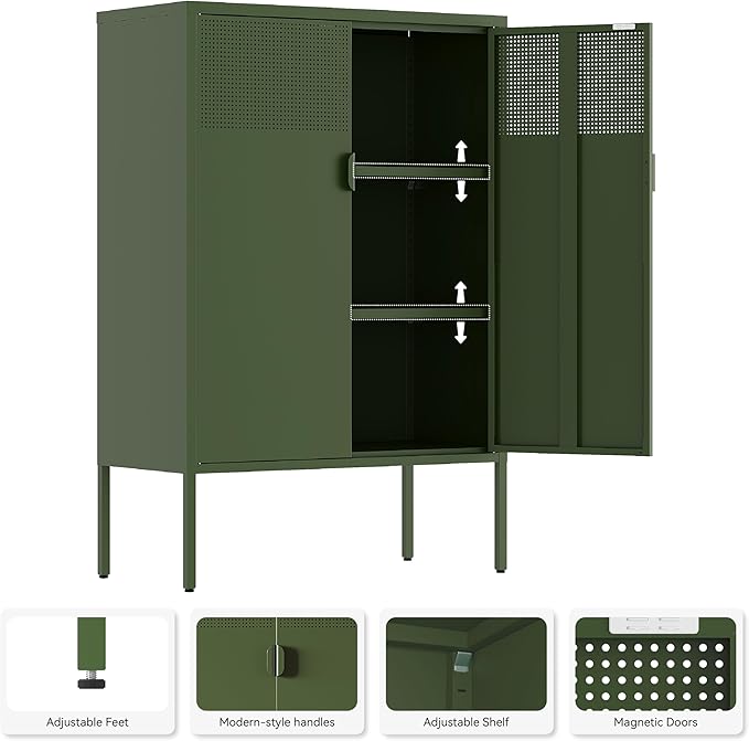 Metal Storage Cabinet, 2 Door TV Stand, Metal Mesh Accent Cabinet, Magnetic