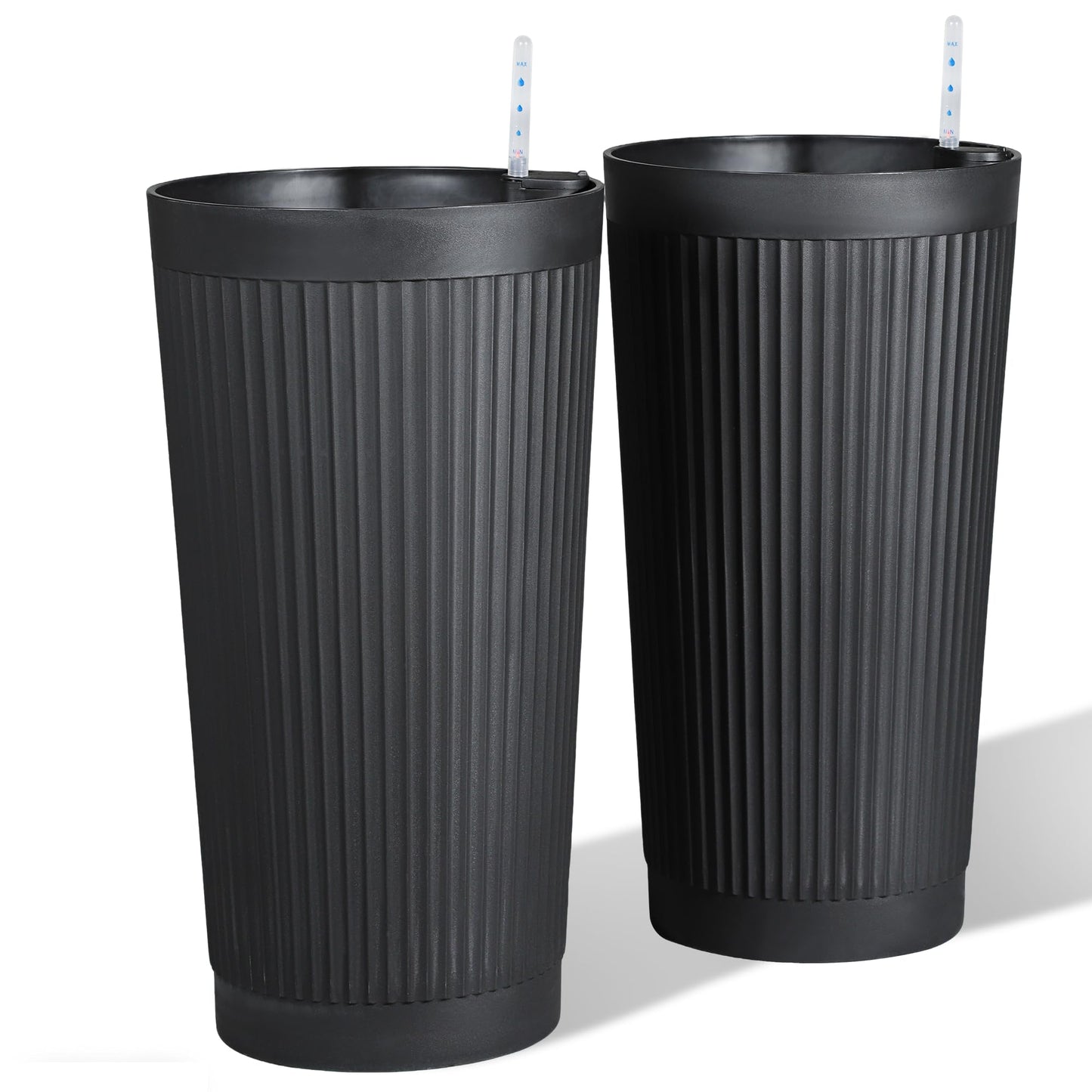PolarcoForgeco Self Watering Tall Black Planters Outdoor Set of 2, 24” Flower Pots Planters for Outdoor Plants, Modern Plastic Tall Planter for Front Porch, with Drainage Hole (Ribbed)