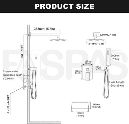 Brushed Nickel Shower System with 10-Inch Rain Showerhead and Tub Spout | cUPC-certified pressure balance brass valve to prevent scalding, CEC-certified air injection technology for low pressure