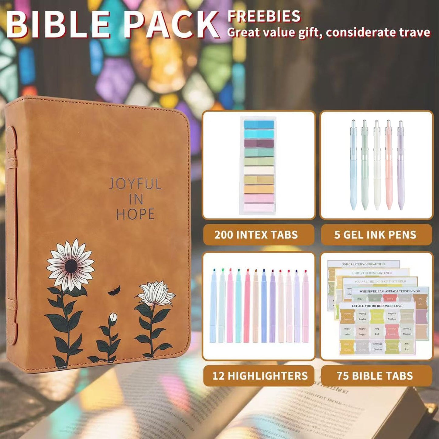 Leather Bible Cover Case with Durable Handle Quilted, Bible Journaling Kit, Bible Study Supplies & Christian Gift for Women and Teens
