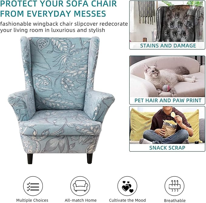 KRFOONN Velvet Wing Chair Slipcovers 2 Piece Stretch Printed Wingback Chair