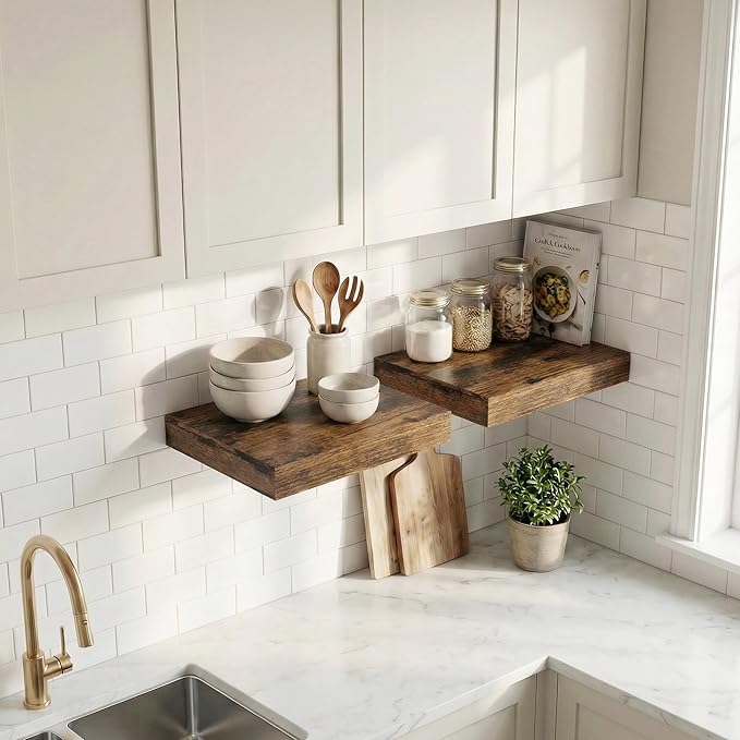 Dreamland Floating Shelves 16 inch, 2 Pack Rustic Wooden Wall Shelves, Wall