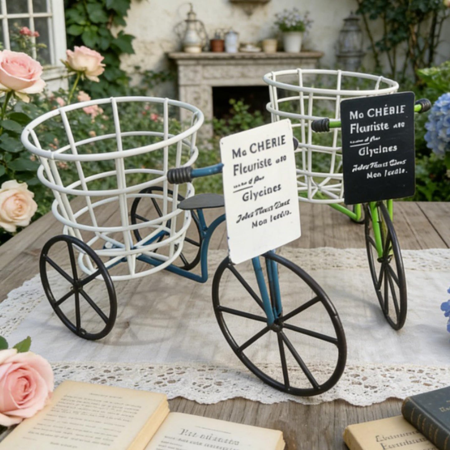 EINCORN Beautiful Iron Tricycle Flower Pots Holder Container with Deeping Basket for Living Room Indoor Outdoor Garden Decoration Beautiful Iron Tricycle Flower Pots Holder Container