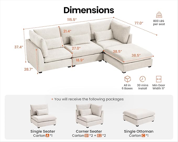 115" Oversized Chenille Couch Modular Sectional Sofa, Washable Cloud Couch