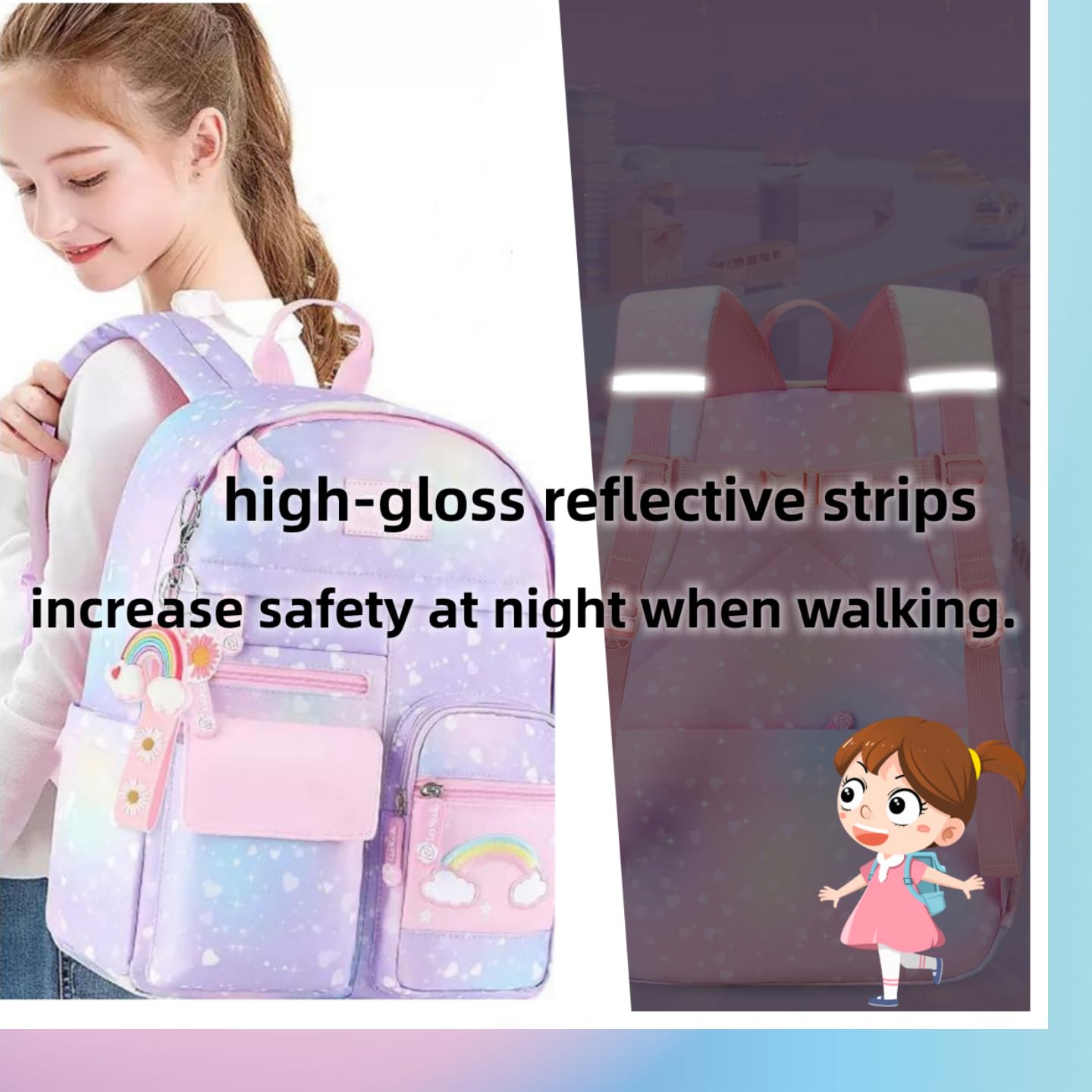 kistou Girls Backpack, School Backpacks Rainbow Student Backpa,Kawaii Kids Backpack,Book Bag for Elementary Primary School