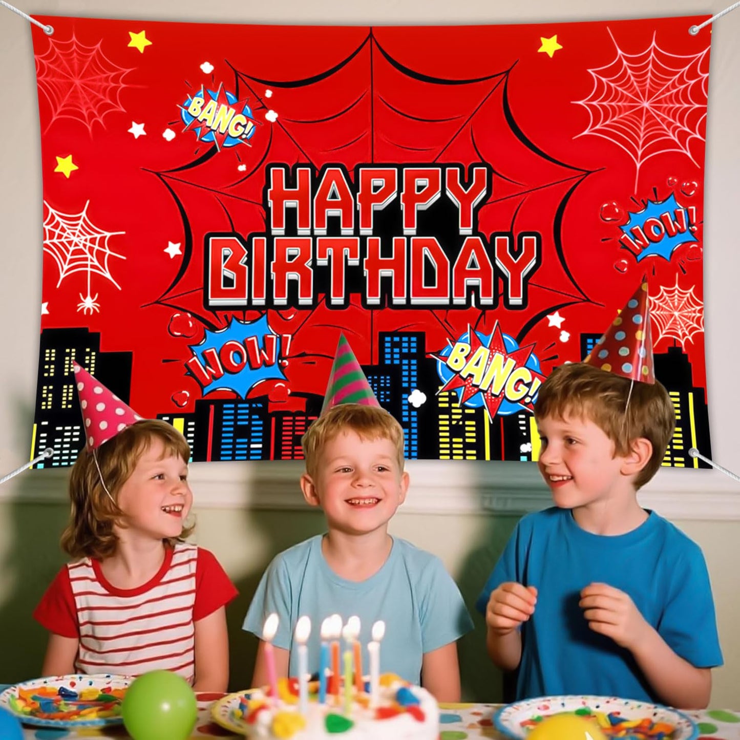 Favuit Red Spider Web Backdrop for Birthday Party Decoration, 7 x 5ft Photo Background Banner Red and Blue Cartoon Theme Party Supplies for Boys Baby Shower Wall Decor Photo Booth Props (7 x 5ft)