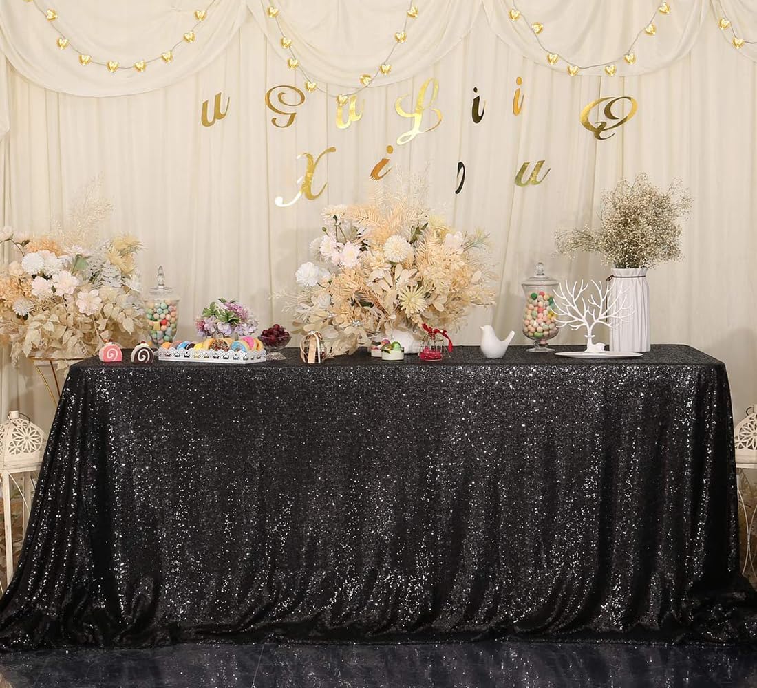 Juya Delight 60" x 102" Black Sequin Tablecloth Rectangle Sequin Table Cover for Wedding Birthday Party Festival Ceremony Cake Dessert Table