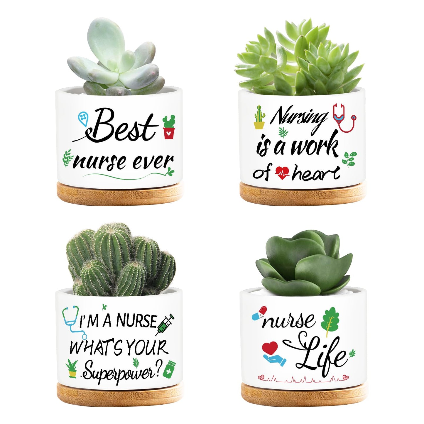 emzrivo 4 Pcs Thank You Gifts Nurse Appreciation Gifts Funny Ceramic Succulent Plant Pot for Nurse Week Graduation Season Gift, Plants Not Included