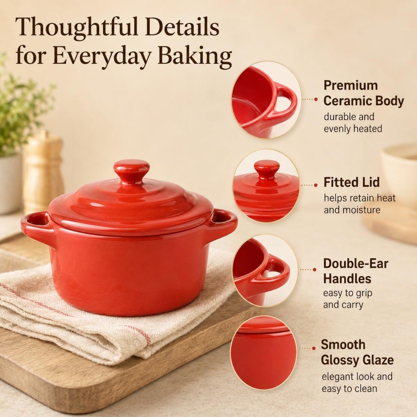 RHBLME 6 Pack French Onion Soup Bowls, 7 Oz Ramekins Oven Safe Mini Cocotte, Red Ramekins with Lids Oven Safe Soup Bowls for Creme Brulee, Pot Pie, Lava Cakes, Pumpkin Soup